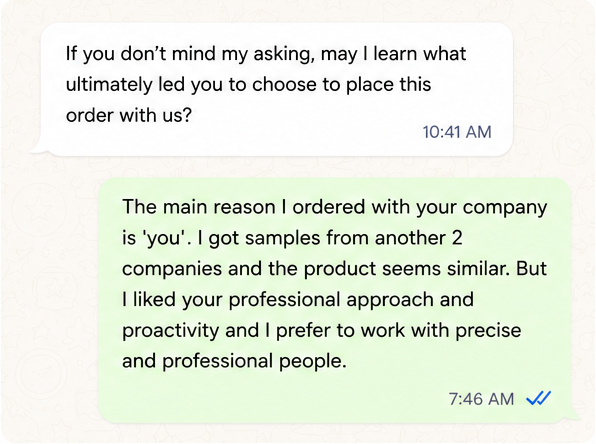WhatsApp conversation screenshot with customer identity hidden