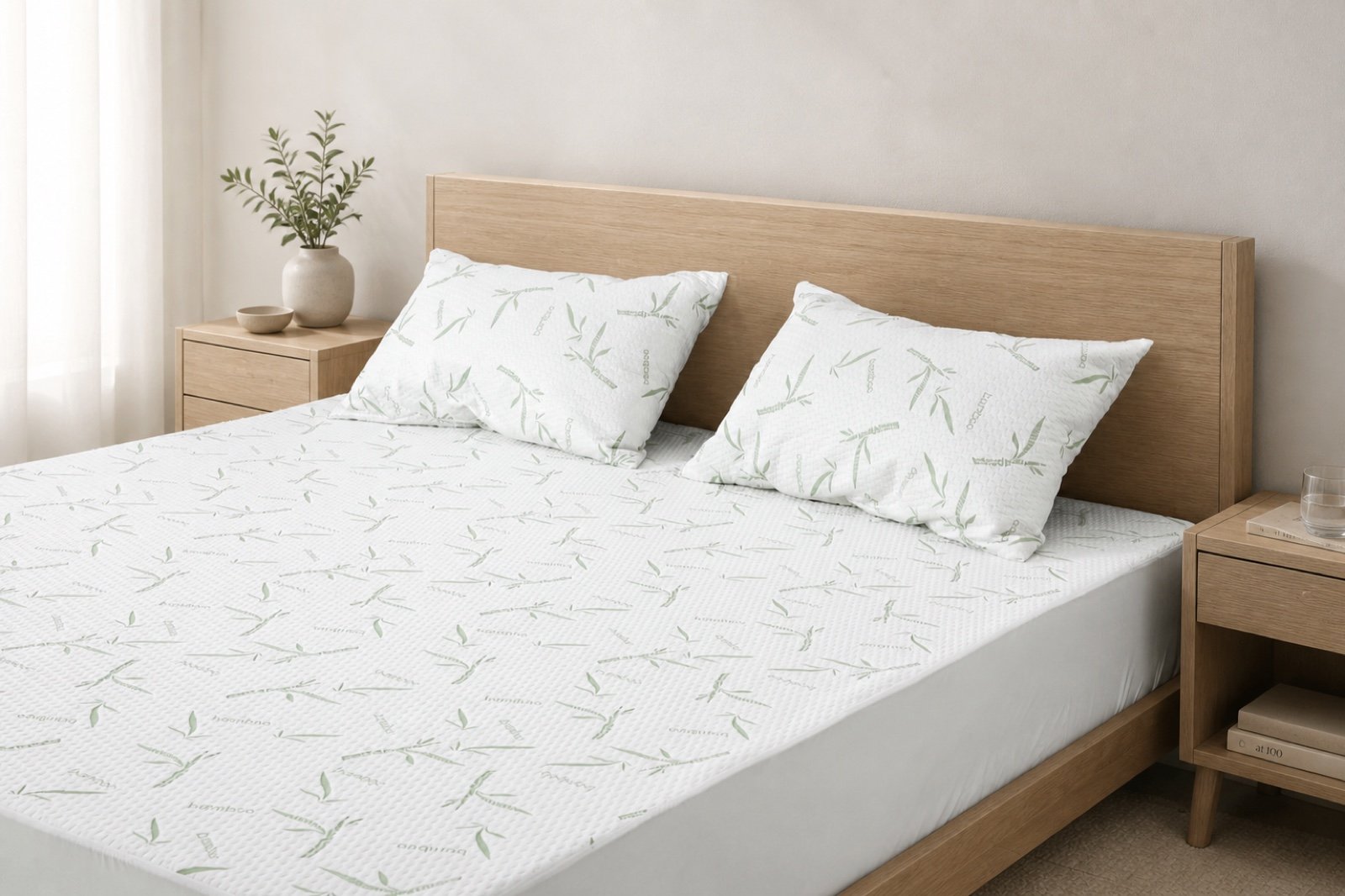 Installed Bamboo Jacquard waterproof mattress protector showing the complete product fit