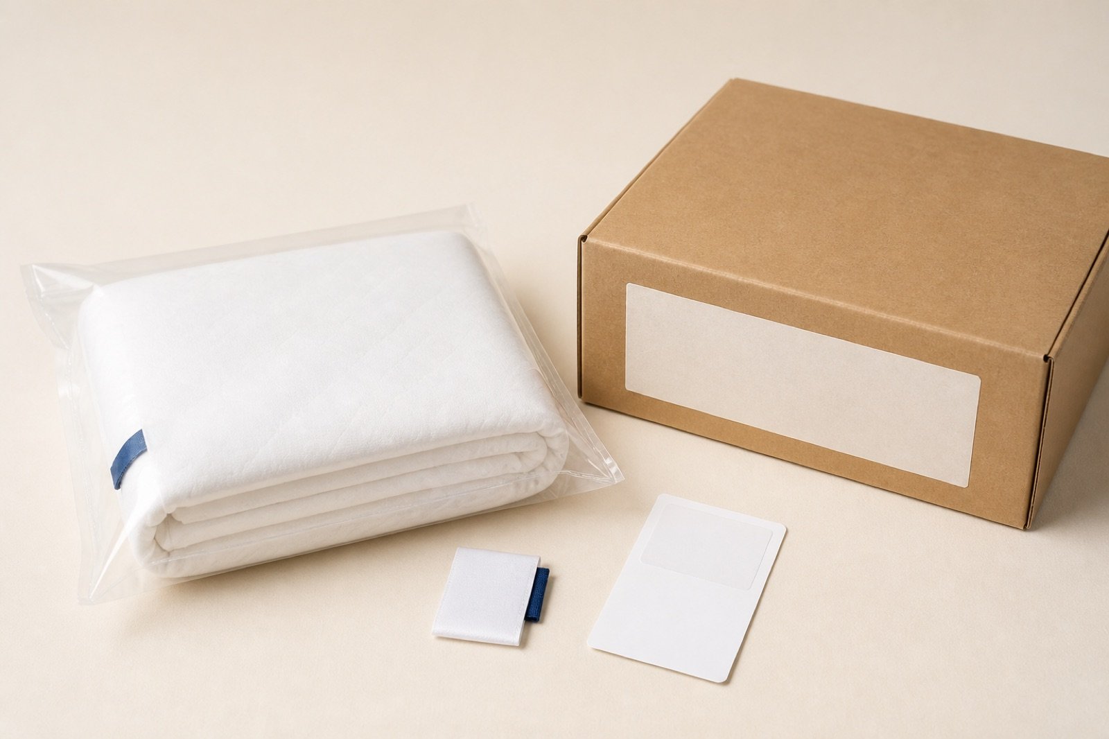 Unbranded packaging development concept showing bag, label, insert, and carton options