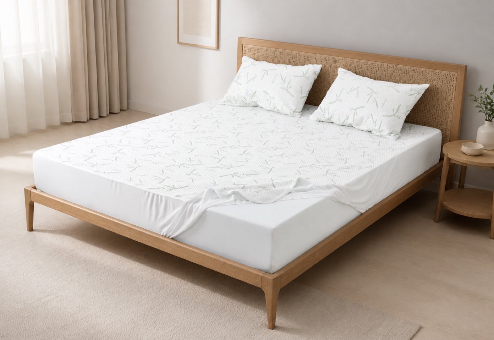 Waterproof mattress protector being fitted to review installation and pocket construction