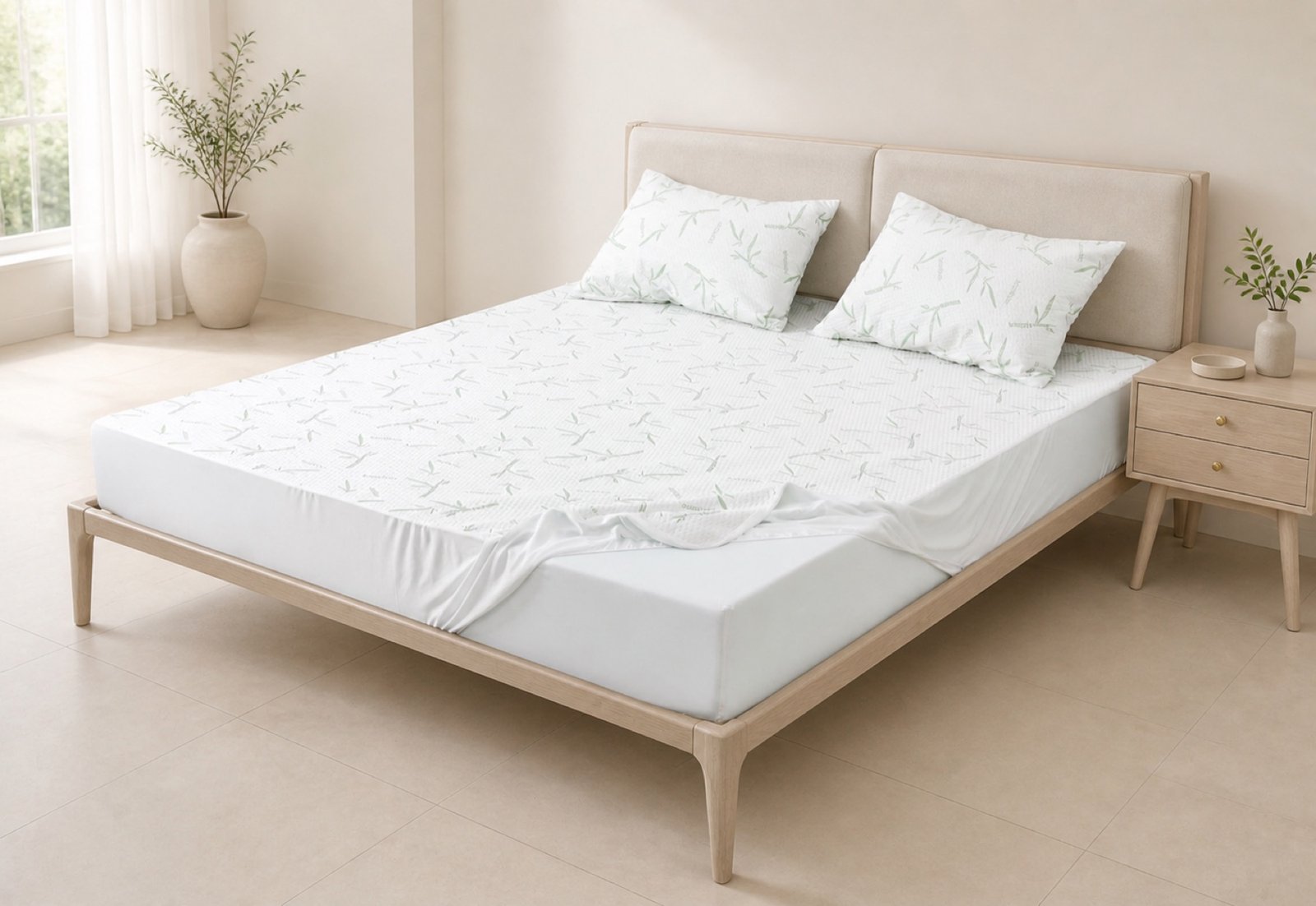 Fitted skirt construction shown during mattress protector installation