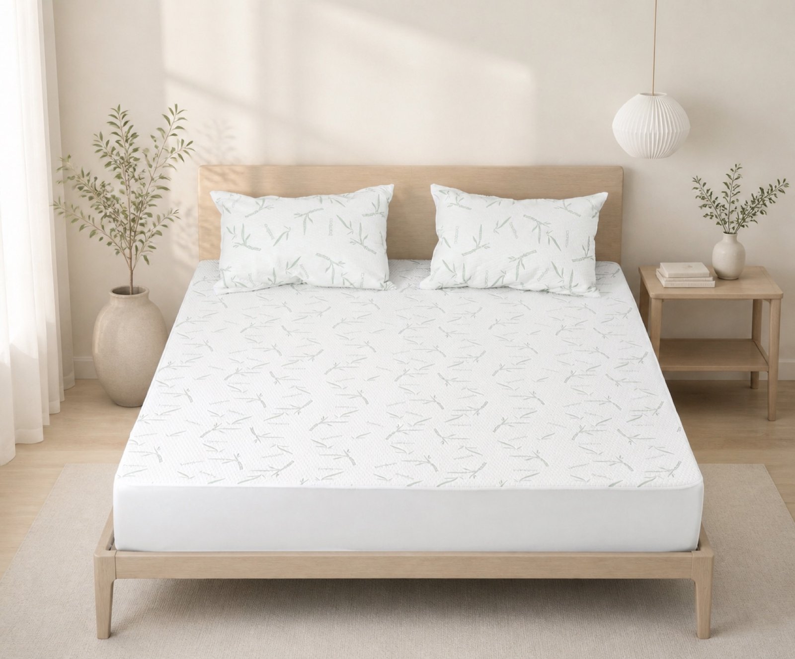 Bamboo Jacquard waterproof mattress protector presented in a clean branded bedroom setting